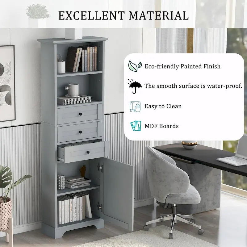 Armoire de rangement haute avec 3 tiroirs et étagères réglables pour salle de bain