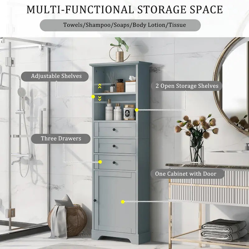 Armoire de rangement haute avec 3 tiroirs et étagères réglables pour salle de bain