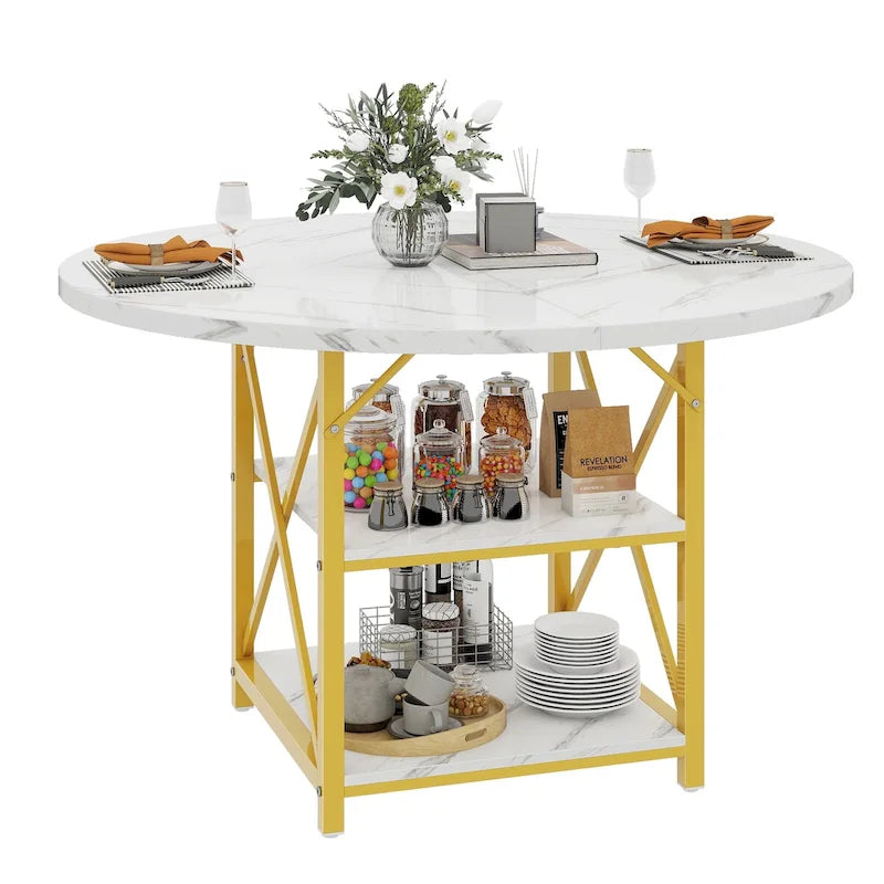 Table à manger ronde avec étagères de rangement et pieds en métal pour 4 à 6 personnes