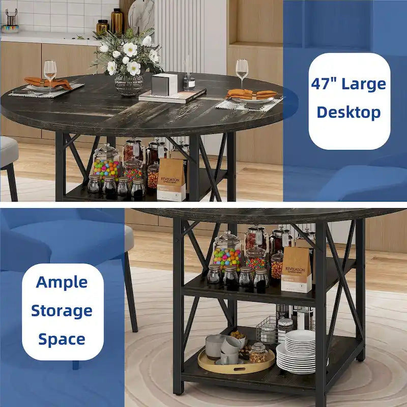 Table à manger ronde avec étagères de rangement et pieds en métal pour 4 à 6 personnes