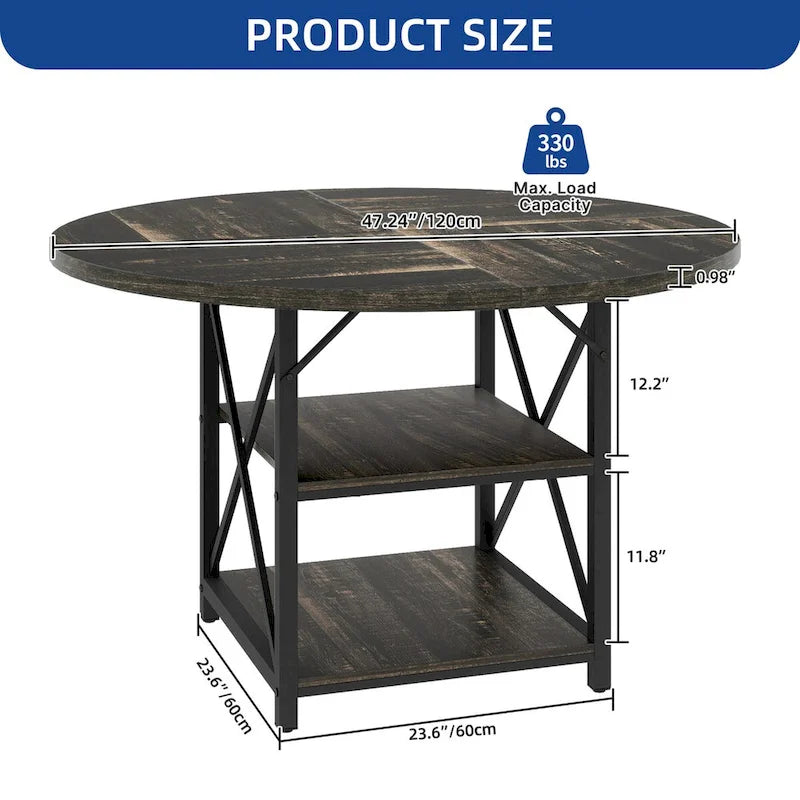 Table à manger ronde avec étagères de rangement et pieds en métal pour 4 à 6 personnes
