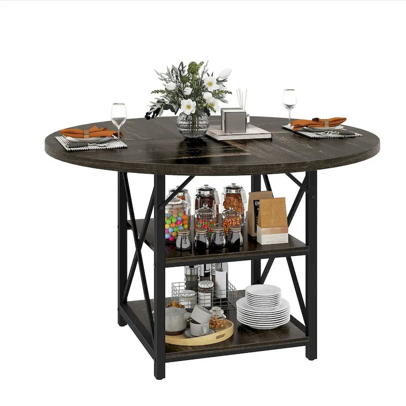 Table à manger ronde avec étagères de rangement et pieds en métal pour 4 à 6 personnes