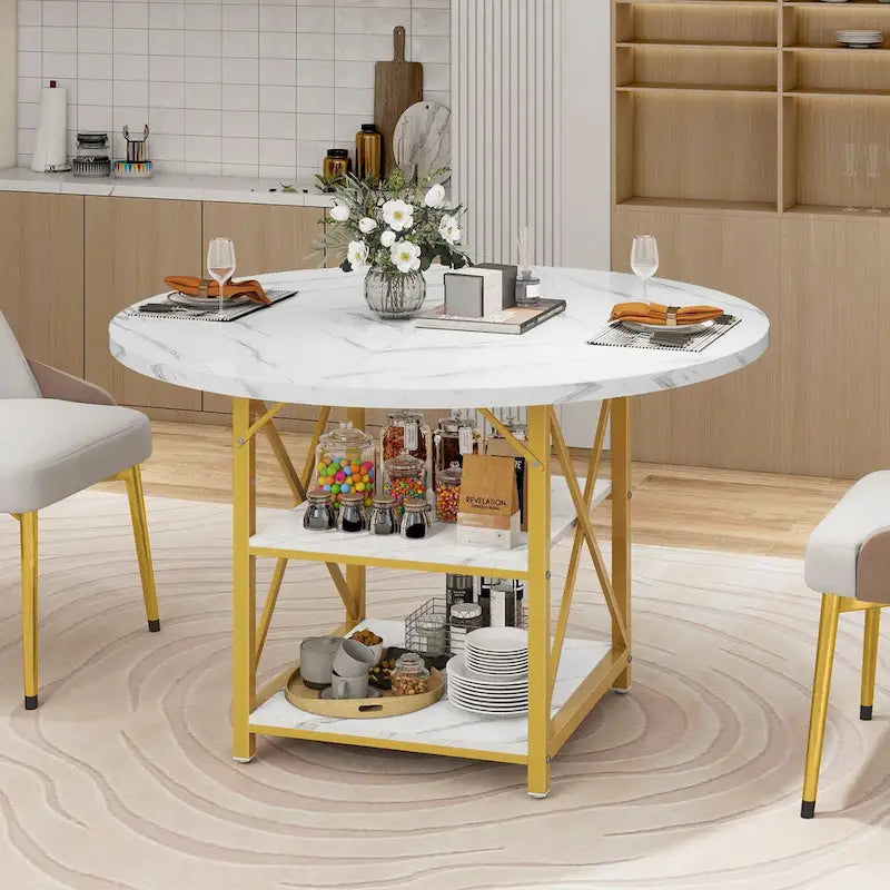 Table à manger ronde avec étagères de rangement et pieds en métal pour 4 à 6 personnes