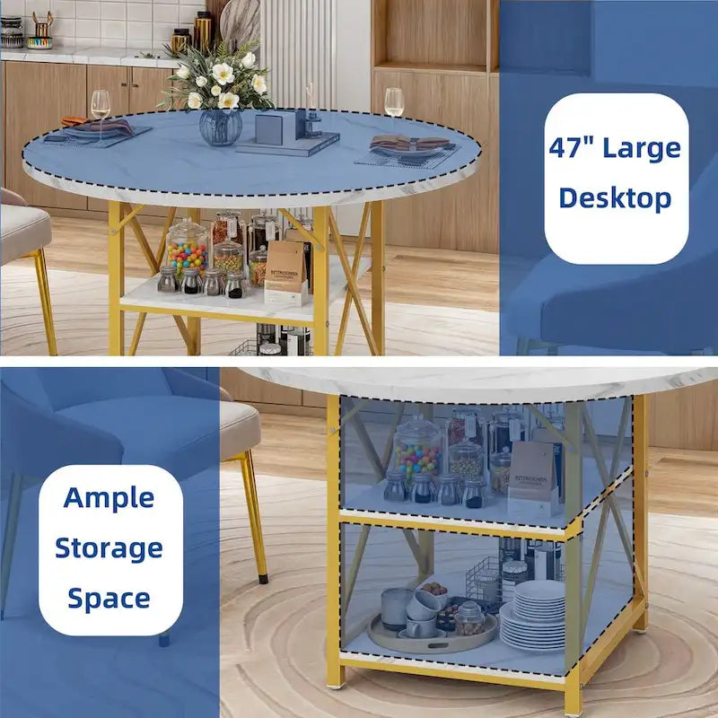 Table à manger ronde avec étagères de rangement et pieds en métal pour 4 à 6 personnes