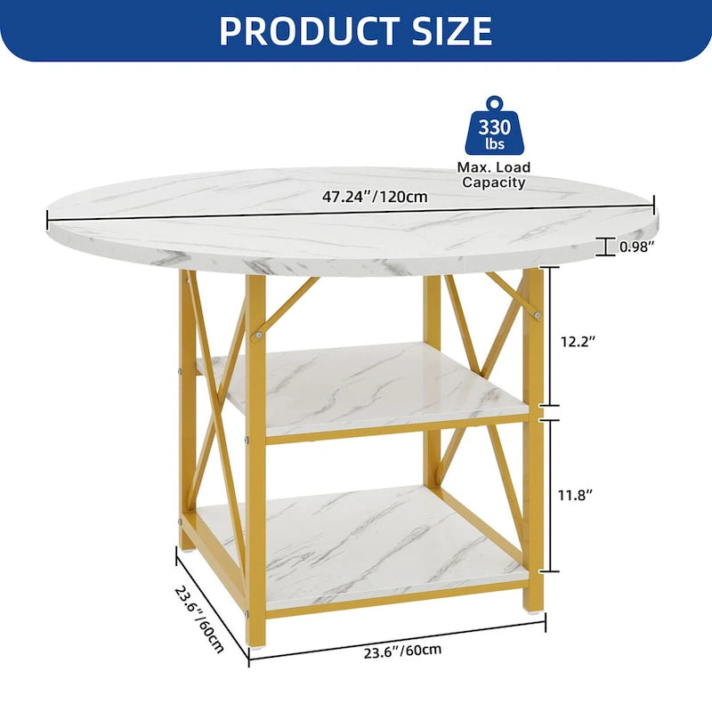 Table à manger ronde avec étagères de rangement et pieds en métal pour 4 à 6 personnes